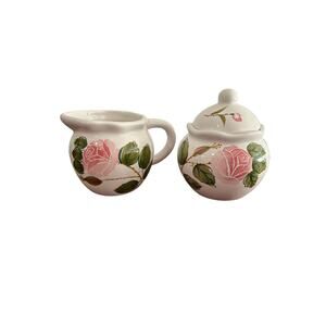 Sweet Sugar Bowl and Creamer Set White with Beautiful Pink Flowers